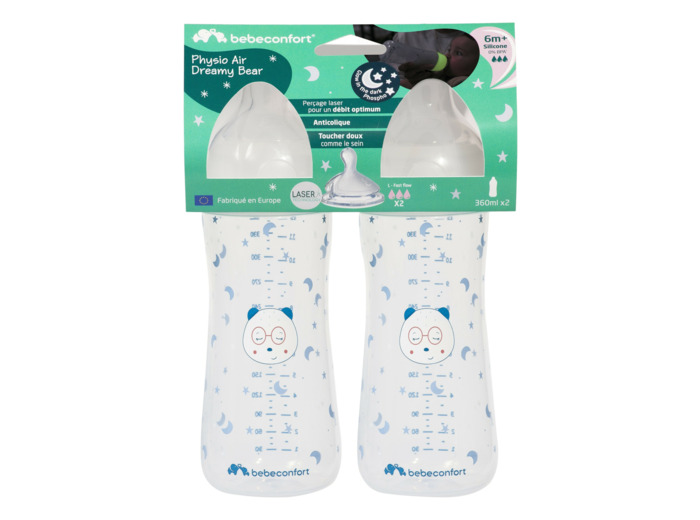Lot de 2 biberons 370ml phosporence Bleu