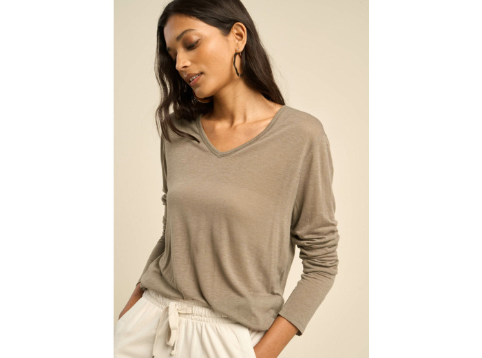 Tee-shirt col V et manches 3/4 en voile de laine