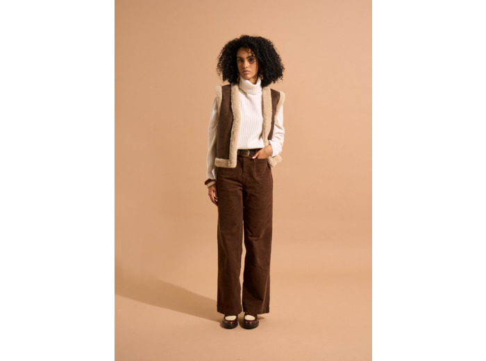 Pantalon large en velours de coton 700 raies taille haute