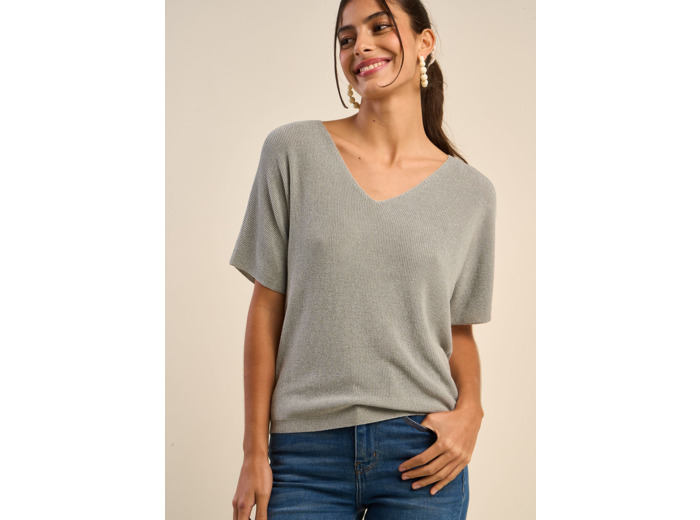 Pull col V manches courtes avec détails fils lurex