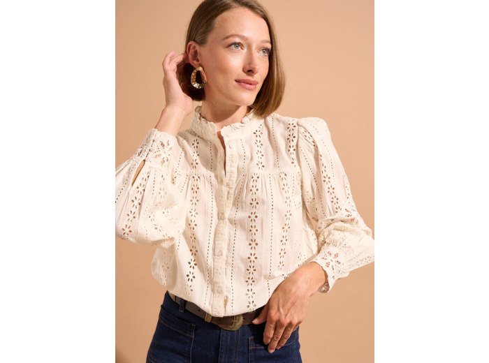Chemise ample en broderie anglaise à col volanté