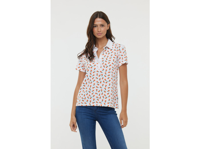Polo en piqué de coton,  manches courtes, avec imprimé « Oranges », col et patte de boutonnage blanc