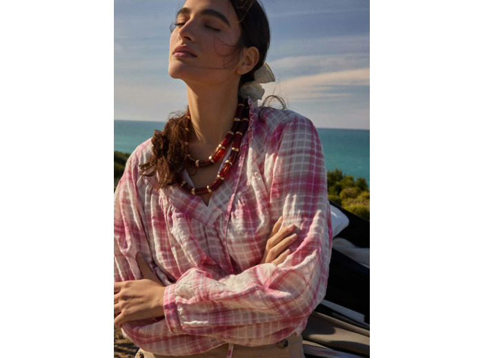 Blouse à carreaux col montant fluide