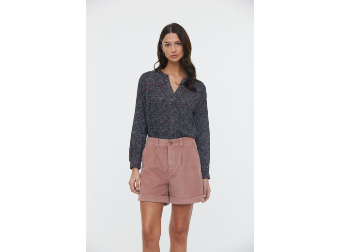 Blouse en viscose imprimé micro fleur manches 3/4 et detail piping en velours