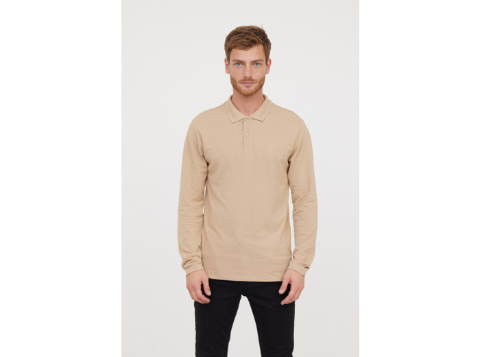 Polo basique manches longues en coton piqué bio, détail col et print poitrine