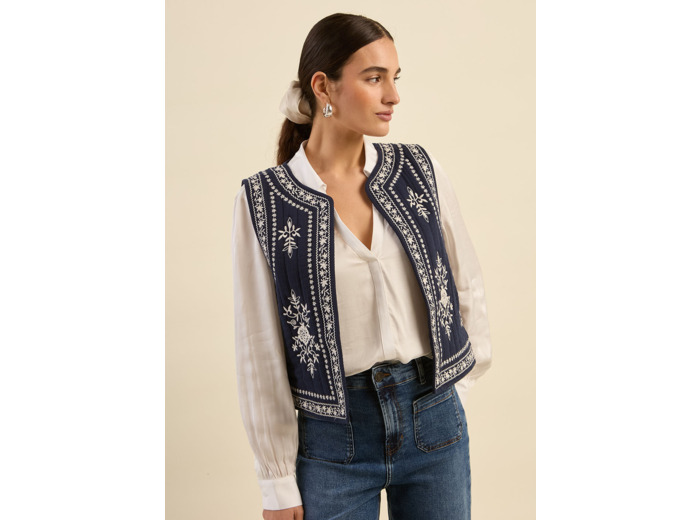 Gilet sans manches brodé en gaze de coton