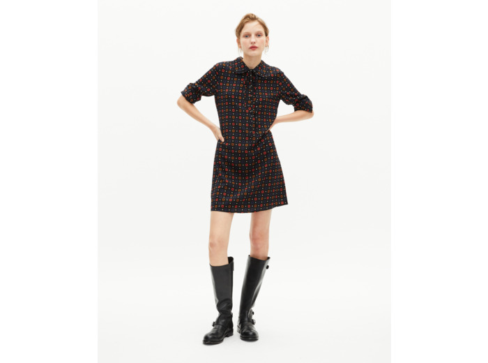 Robe courte imprimée pois et fleurs en soie mélangée noire black
