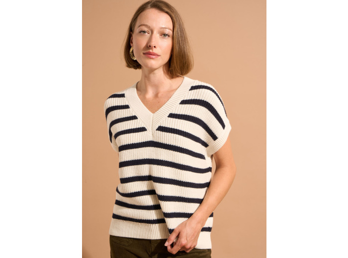 Pull sans manches ample à rayures marines en coton et laine