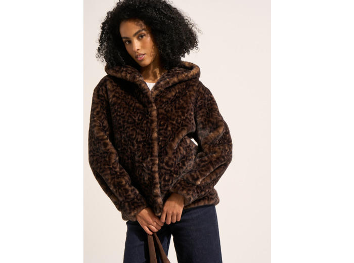 Manteau court en fausse fourrure léopard à capuche