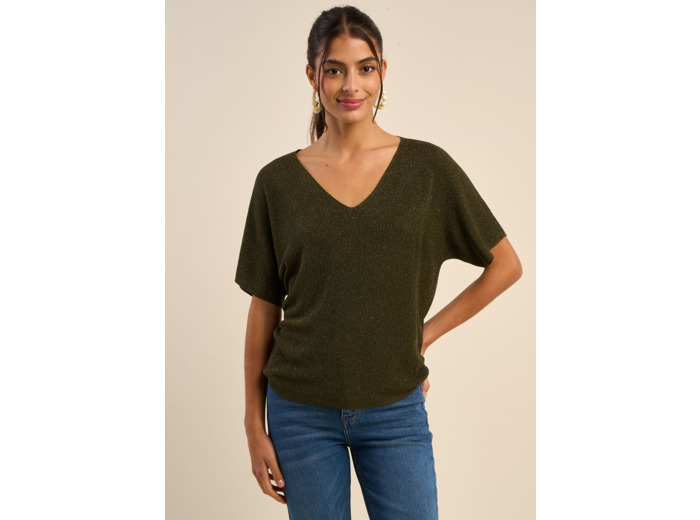Pull col V manches courtes avec détails fils lurex