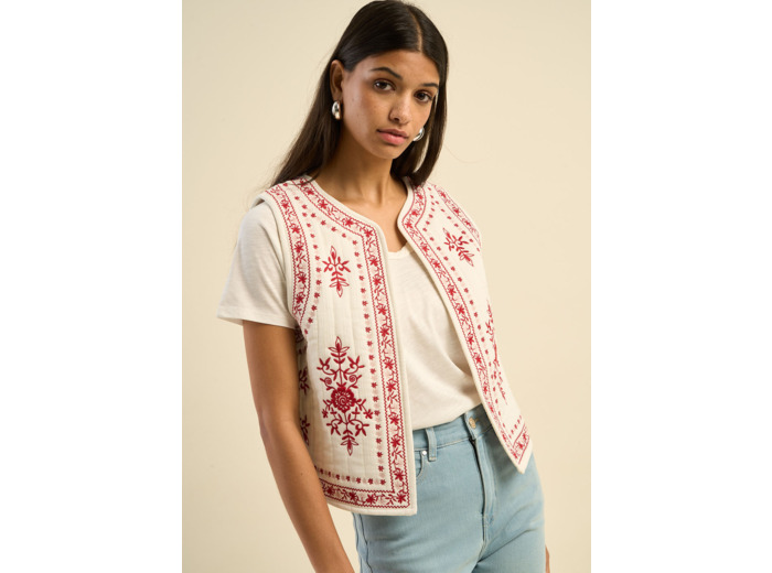 Gilet sans manches brodé en gaze de coton
