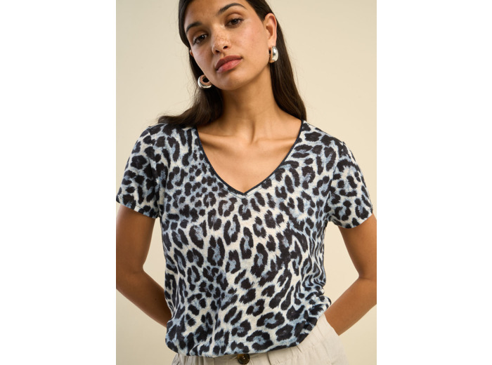 T-shirt col V en lin imprimé léopard