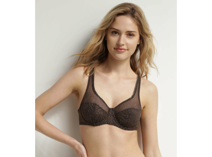 Soutien-gorge emboitant en tulle Chocolat et zébrures or Dim Generous