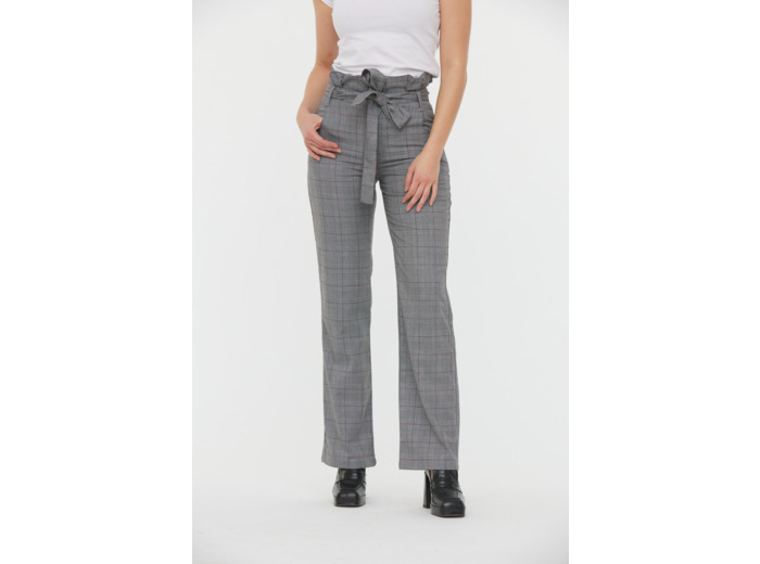 Pantalon fluide "paper bag" ceinturé carreaux, jambe droite légèrement évasée, taille medium