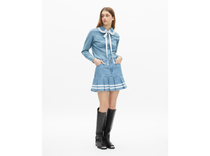 Chemise col claudine en denim bleu