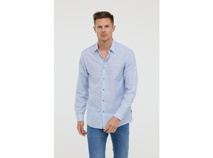 Chemise rayée en tissu coton/lin, manches longues et détails passepoil ton sur ton