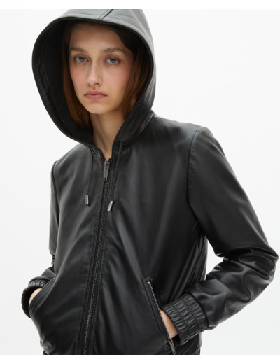 Blouson à capuche en cuir noir black