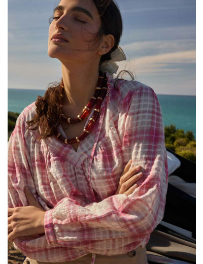 Blouse à carreaux col montant fluide