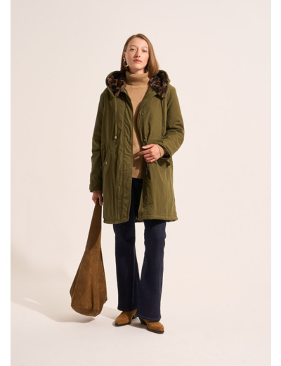 Parka mi longue à capuche avec doublure fausse fourrure léopard