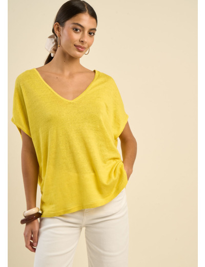 Pull sans manches col V 100% lin