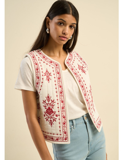 Gilet sans manches brodé en gaze de coton