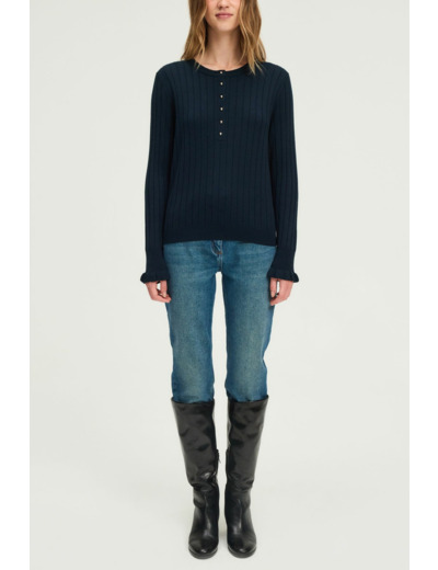Pull fin à côtes et boutons dorés - EDORA