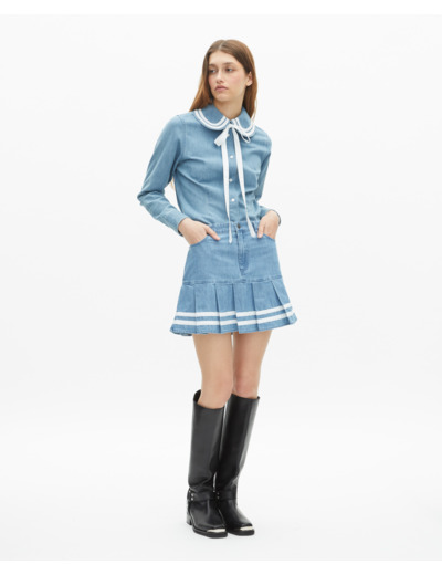 Chemise col claudine en denim bleu